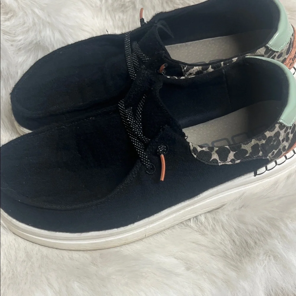 Hey Dude Black Slip-On Sneakers with Leopard and Mint Accents - Picture 5 of 6